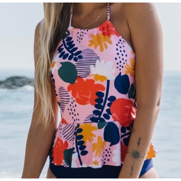Beachsissi Halter Tankini Top Pink Multicolor Floral Print Size XL - Picture 1 of 7